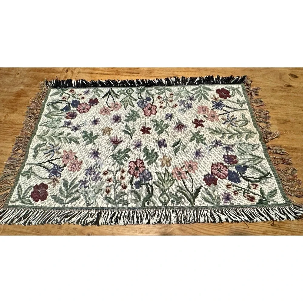 Floral Tapestry Rug 20x36 Cotton Woven Accent Throw Mat Fringe Made in India